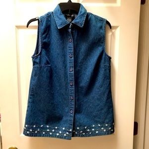 Style&Co. Denim Short Sleeved Button Up, Bottom Embroidered Top-Size 10